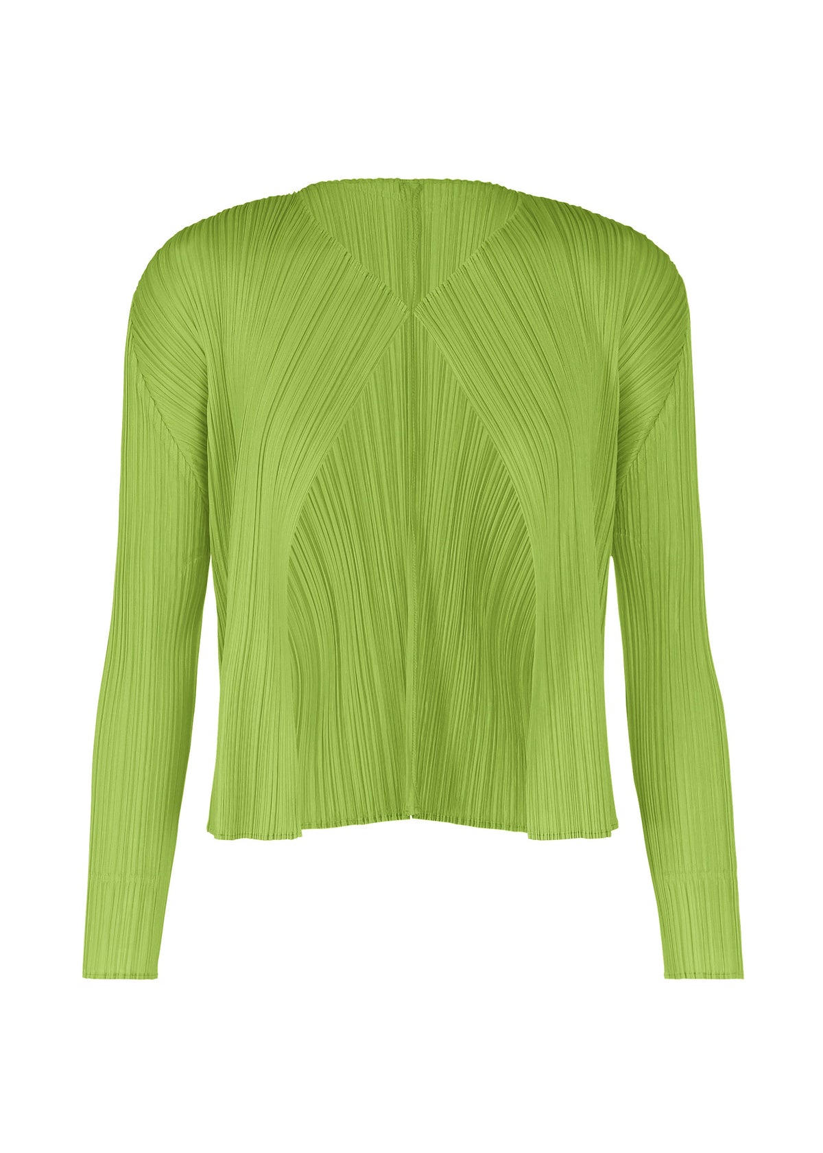 A product shot of the PLEATS PLEASE ISSEY MIYAKE LUCID PLEATS cardigan in yellow green (58).