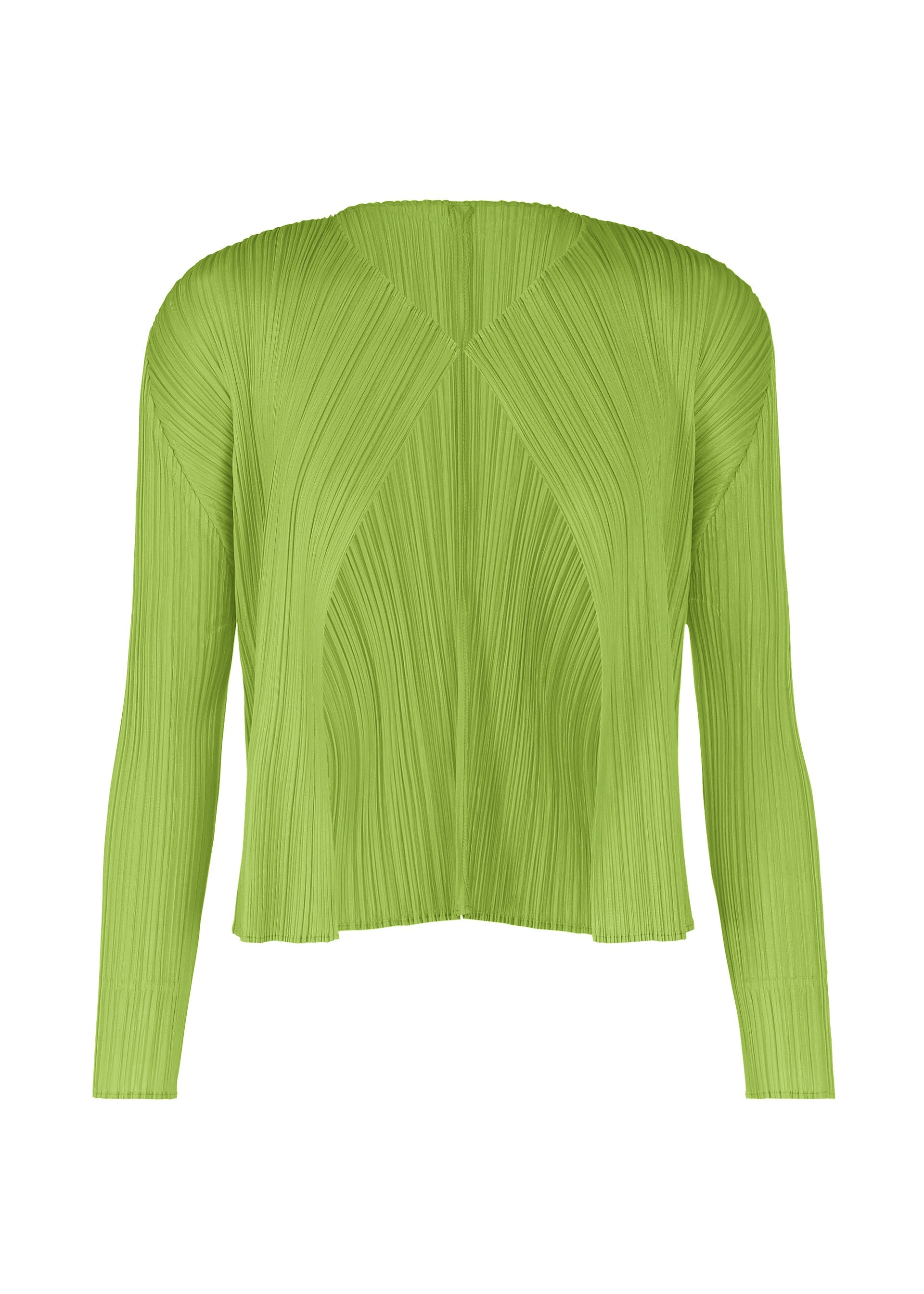 A product shot of the PLEATS PLEASE ISSEY MIYAKE LUCID PLEATS cardigan in yellow green (58).