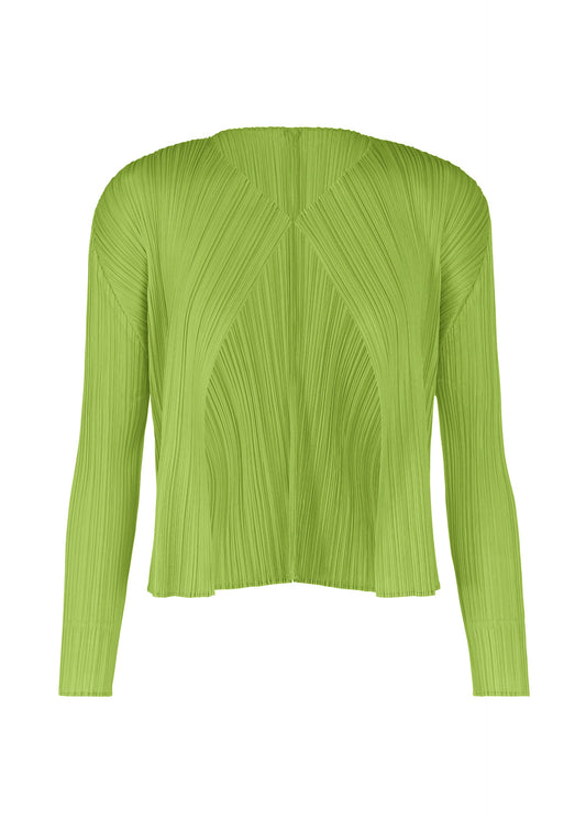 A product shot of the PLEATS PLEASE ISSEY MIYAKE LUCID PLEATS cardigan in yellow green (58).