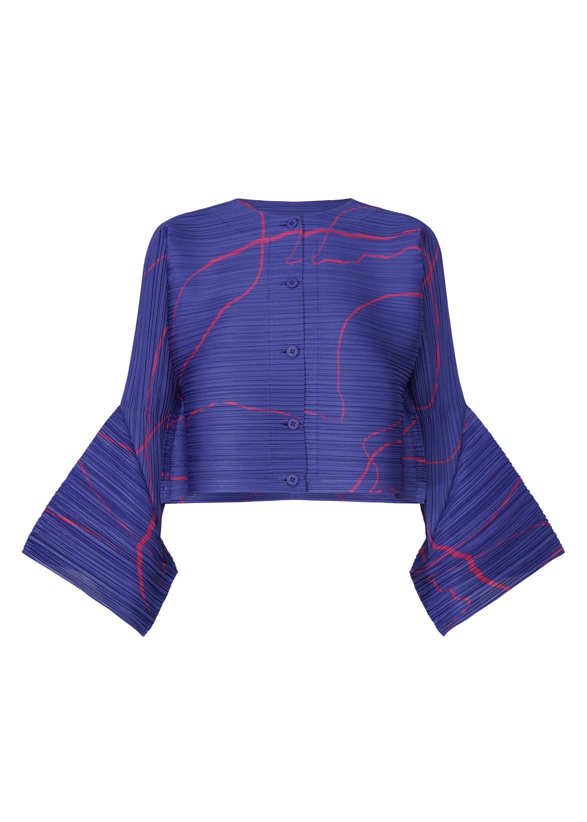 A product shot of the PLEATS PLEASE ISSEY MIYAKE PAUSE cardigan in blue (72).