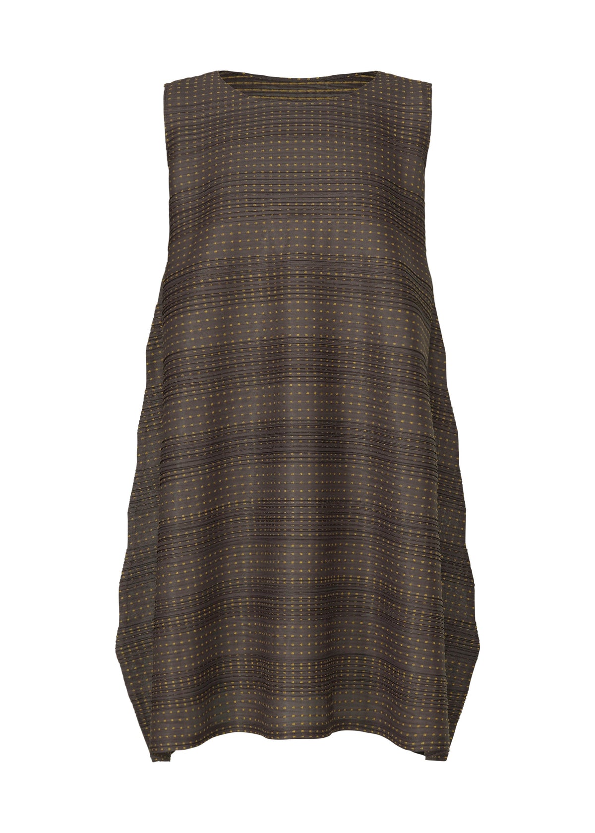 A product shot of the PLEATS PLEASE ISSEY MIYAKE COTTON SKIP tunic in dark brown.