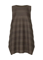 A product shot of the PLEATS PLEASE ISSEY MIYAKE COTTON SKIP tunic in dark brown.
