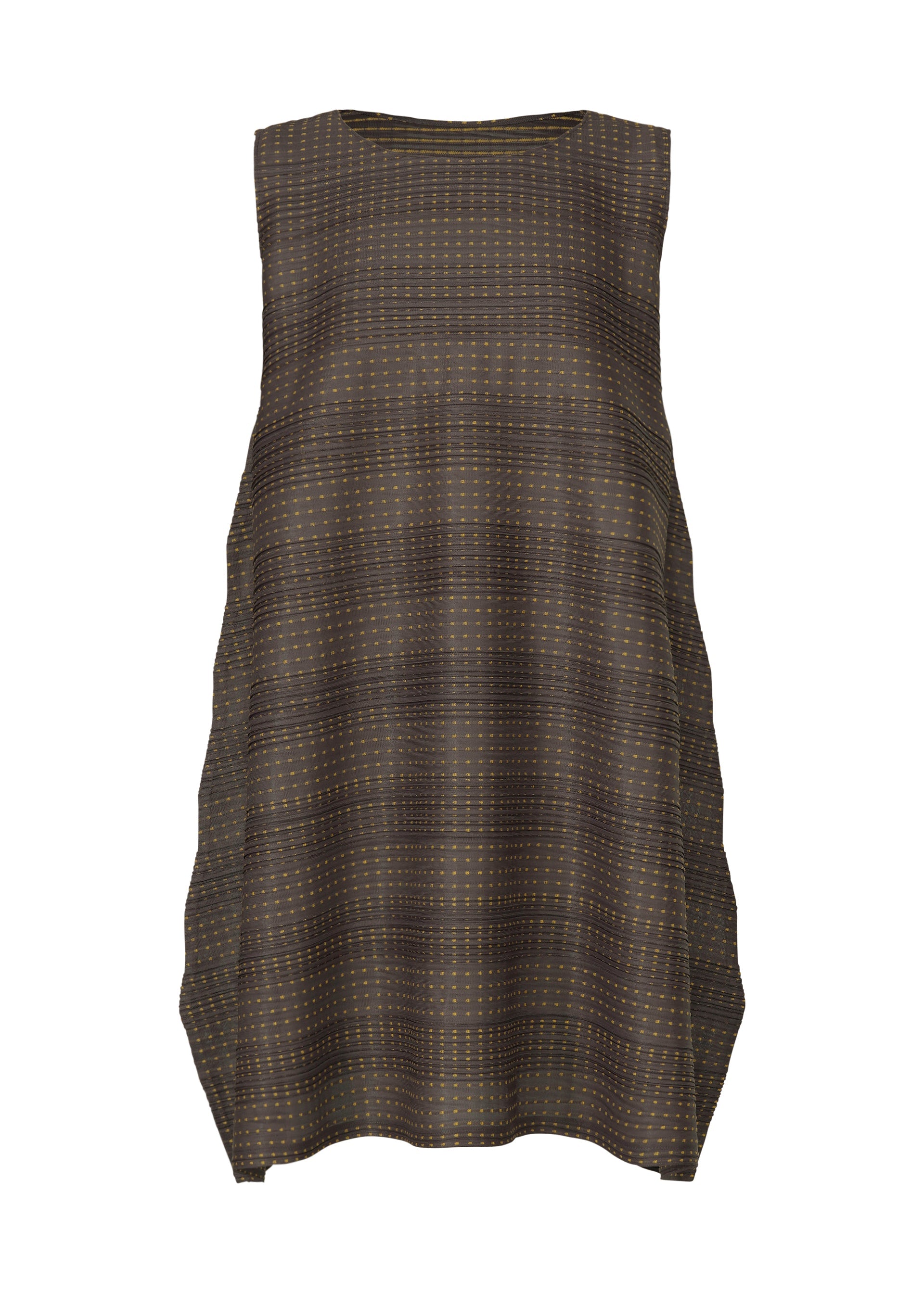 A product shot of the PLEATS PLEASE ISSEY MIYAKE COTTON SKIP tunic in dark brown.