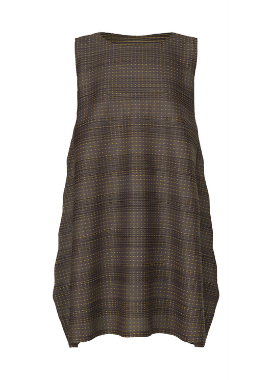 A product shot of the PLEATS PLEASE ISSEY MIYAKE COTTON SKIP tunic in dark brown.