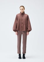 A model wears the PLEATS PLEASE ISSEY MIYAKE SMOOTH COAT jacket.