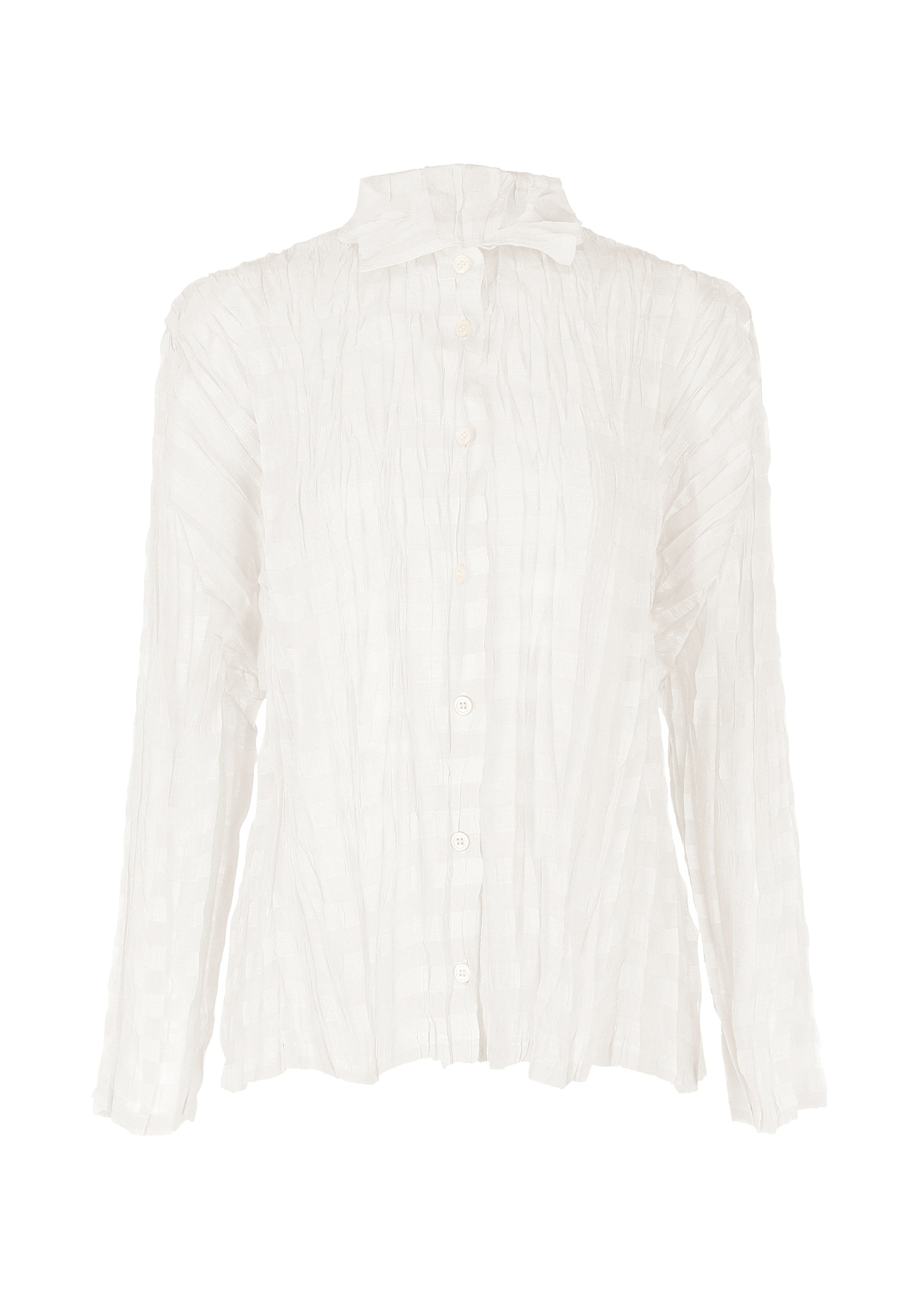 A product shot of the PLEATS PLEASE ISSEY MIYAKE TWISTED BORDER SHIRT shirt in white (01).