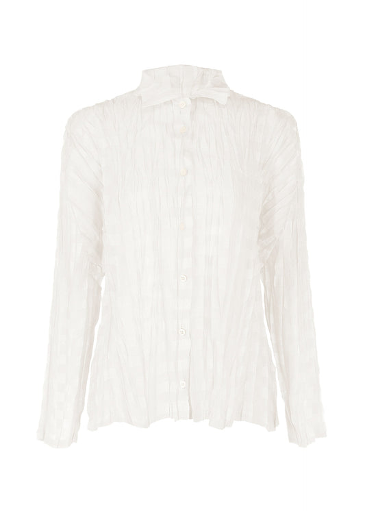 A product shot of the PLEATS PLEASE ISSEY MIYAKE TWISTED BORDER SHIRT shirt in white (01).