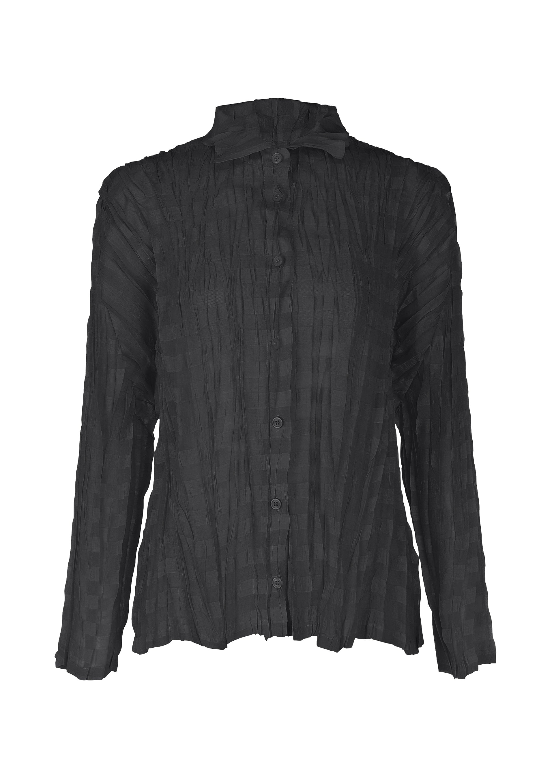A product shot of the PLEATS PLEASE ISSEY MIYAKE TWISTED BORDER SHIRT shirt in black (15).