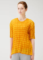 A model wears the PLEATS PLEASE ISSEY MIYAKE TWISTED BORDER SHIRT shirt.