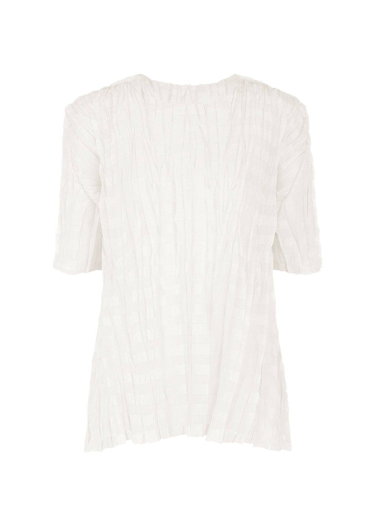 A product shot of the PLEATS PLEASE ISSEY MIYAKE TWISTED BORDER SHIRT shirt in white (01).