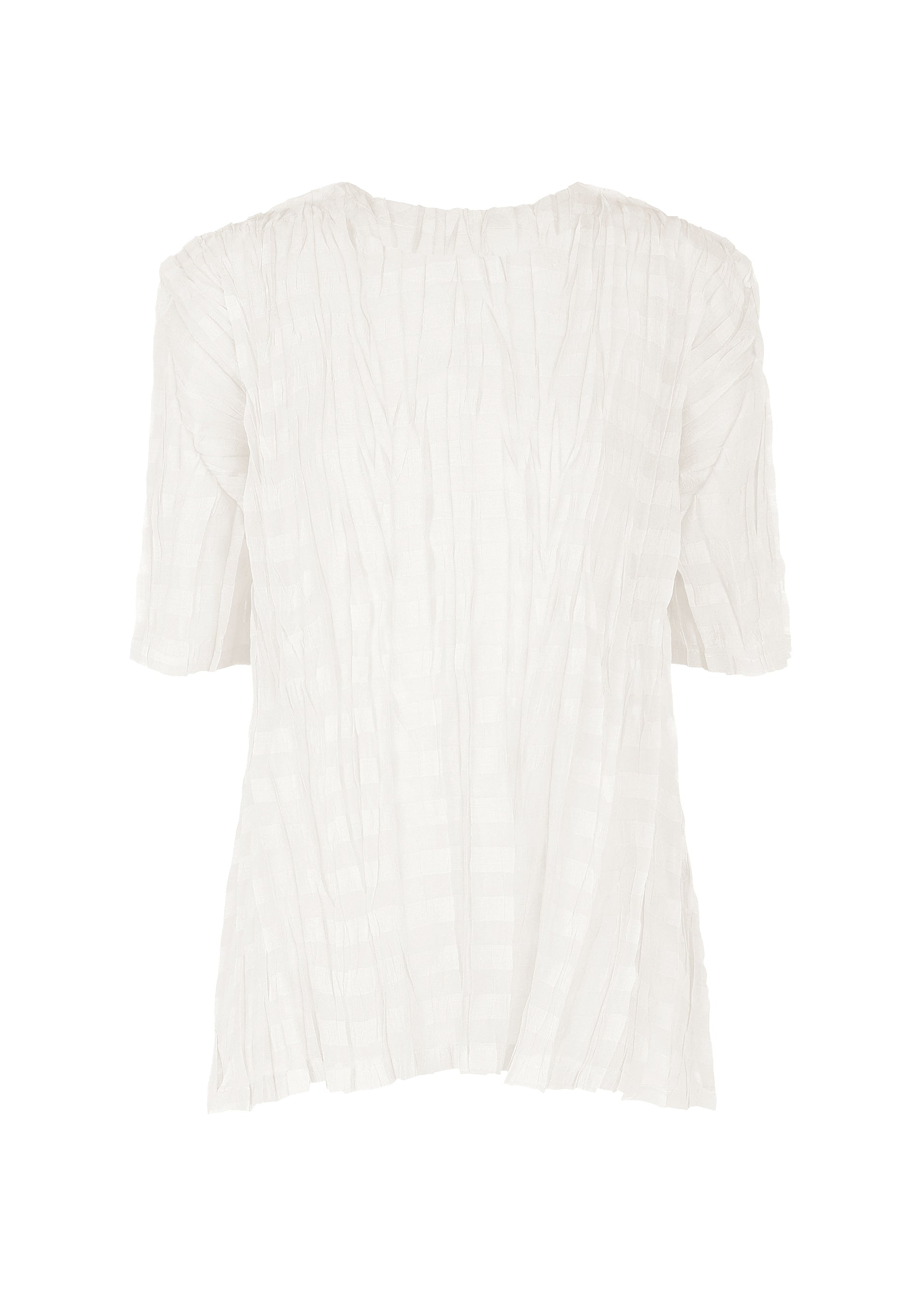 A product shot of the PLEATS PLEASE ISSEY MIYAKE TWISTED BORDER SHIRT shirt in white (01).