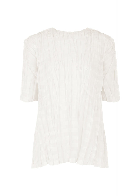 A product shot of the PLEATS PLEASE ISSEY MIYAKE TWISTED BORDER SHIRT shirt in white (01).