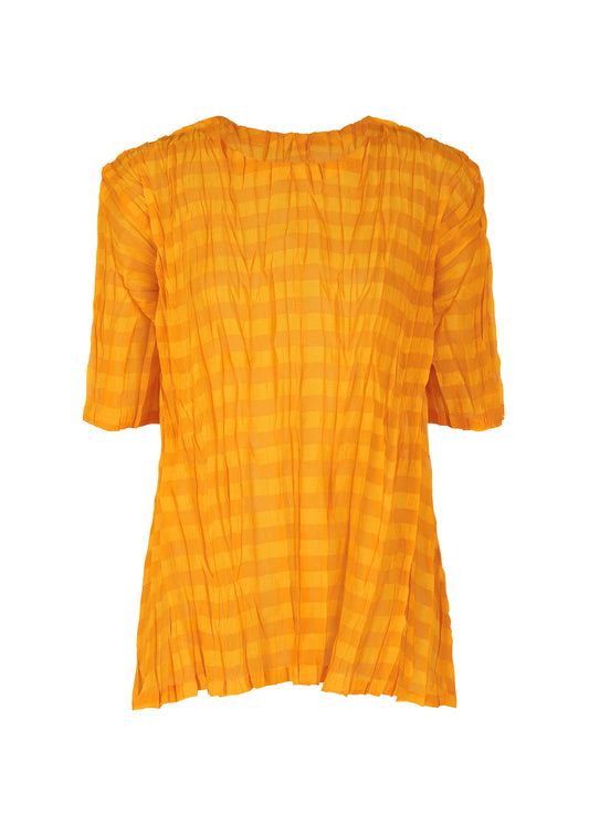 A product shot of the PLEATS PLEASE ISSEY MIYAKE TWISTED BORDER SHIRT shirt in orange (32).
