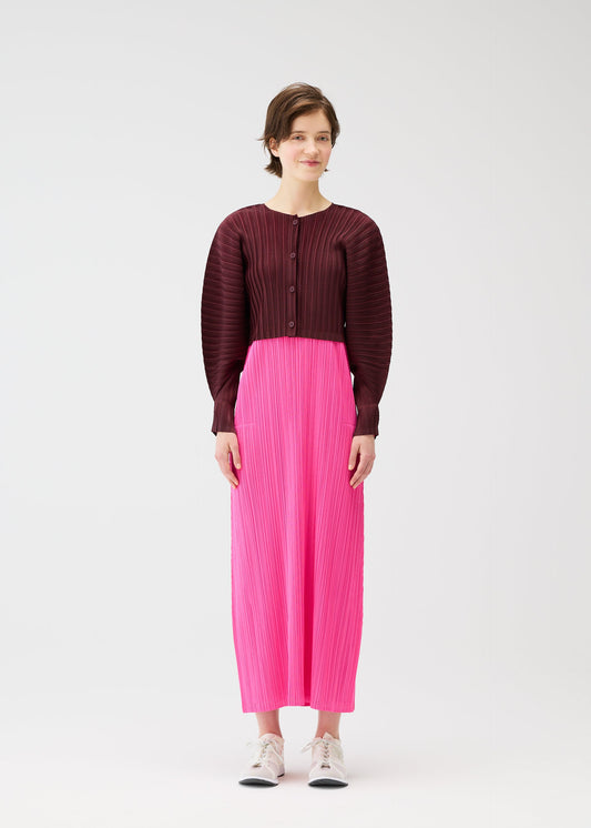 A model wears the PLEATS PLEASE ISSEY MIYAKE RIB PLEATS JANUARY clothing.