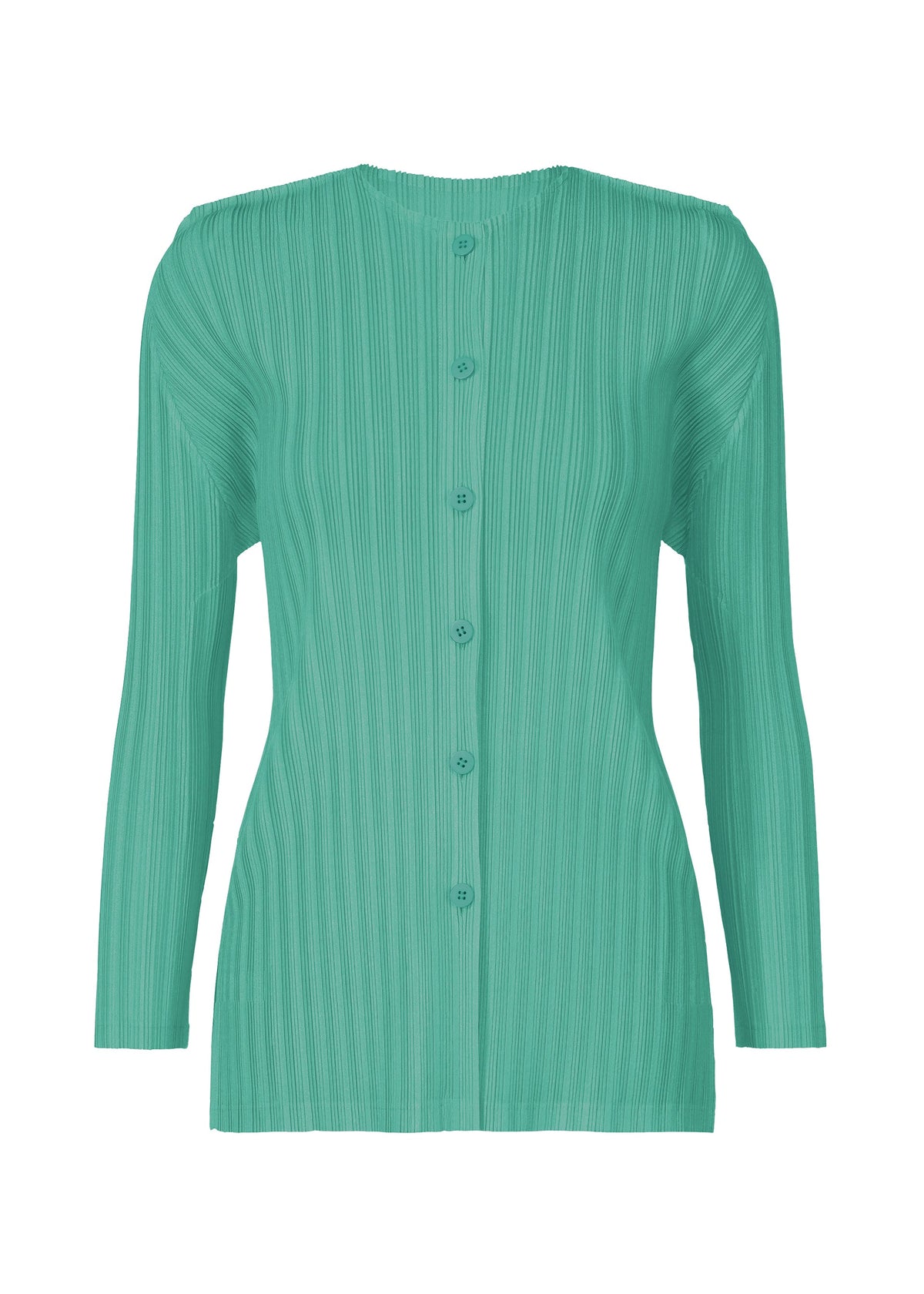A product shot of the PLEATS PLEASE ISSEY MIYAKE RIB PLEATS FEBRUARY cardigan in turquoise green (66).