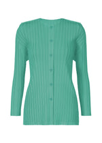 A product shot of the PLEATS PLEASE ISSEY MIYAKE RIB PLEATS FEBRUARY cardigan in turquoise green (66).