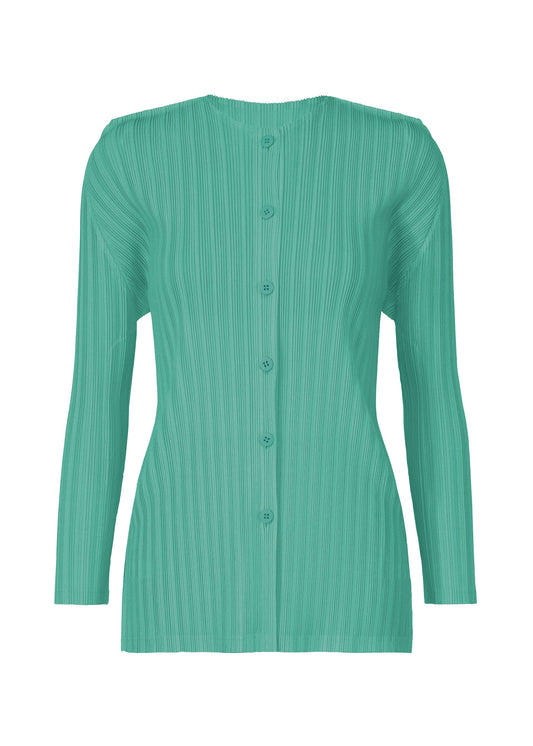 A product shot of the PLEATS PLEASE ISSEY MIYAKE RIB PLEATS FEBRUARY cardigan in turquoise green (66).