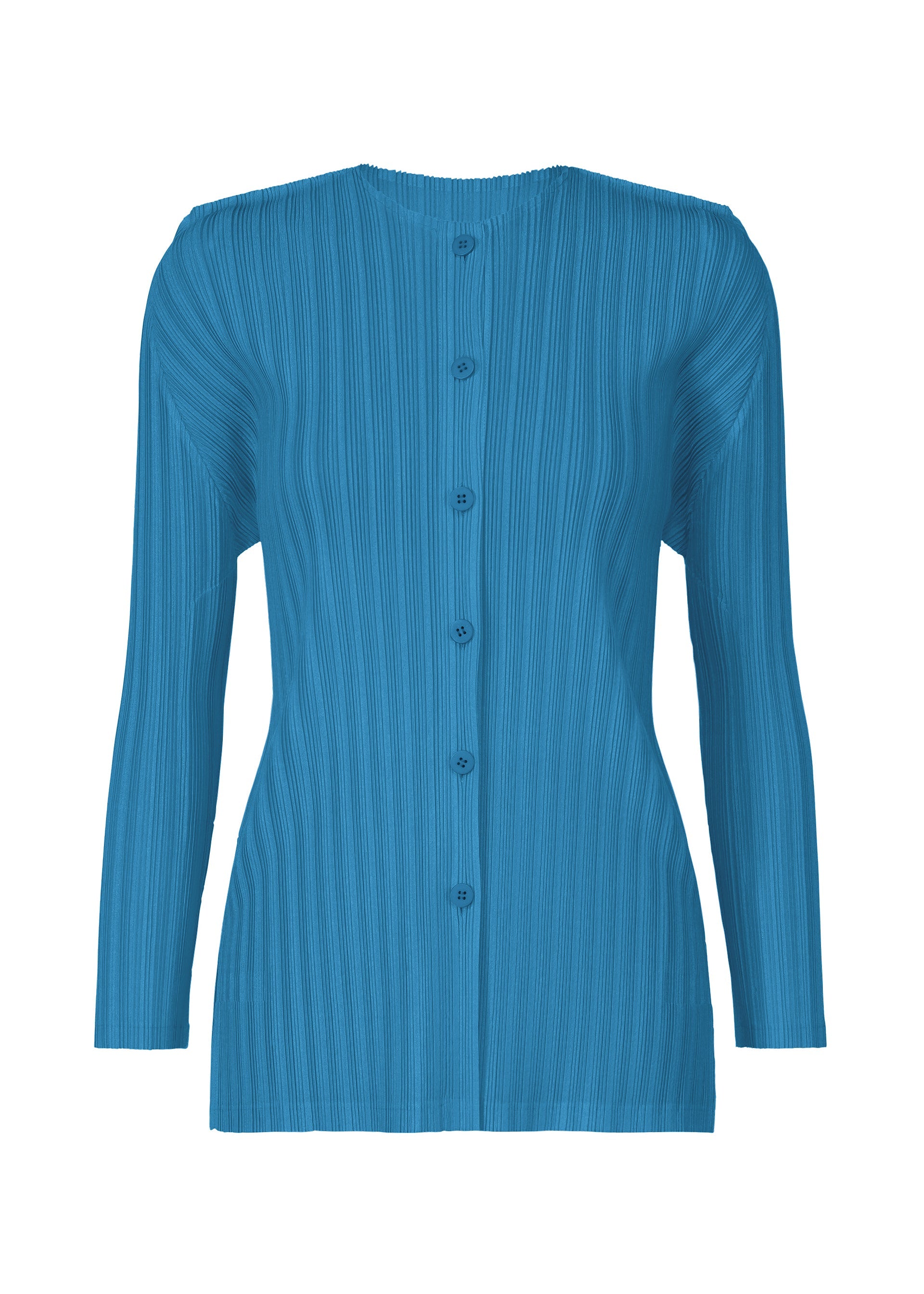 A product shot of the PLEATS PLEASE ISSEY MIYAKE RIB PLEATS FEBRUARY cardigan in deep blue (76).