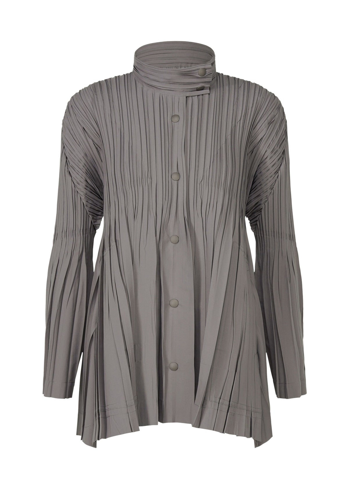 A product shot of the PLEATS PLEASE ISSEY MIYAKE FLOAT COAT cardigan in grey (12).