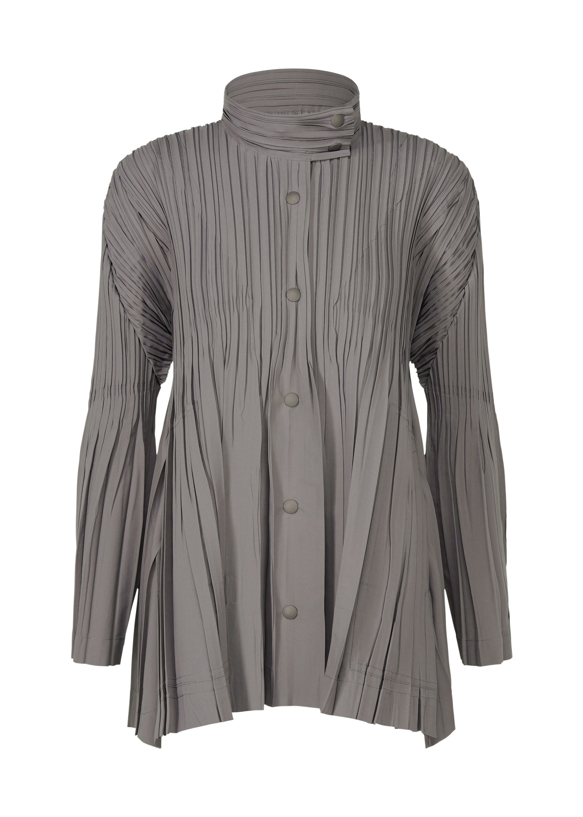 A product shot of the PLEATS PLEASE ISSEY MIYAKE FLOAT COAT cardigan in grey (12).