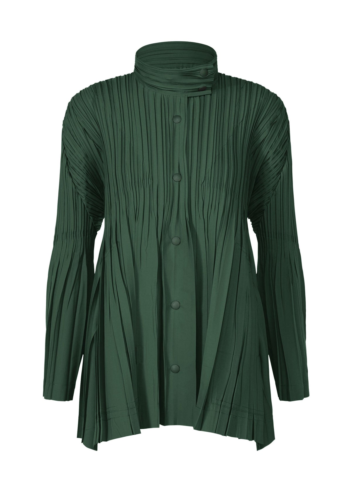 A product shot of the PLEATS PLEASE ISSEY MIYAKE FLOAT COAT cardigan in dark green (67).