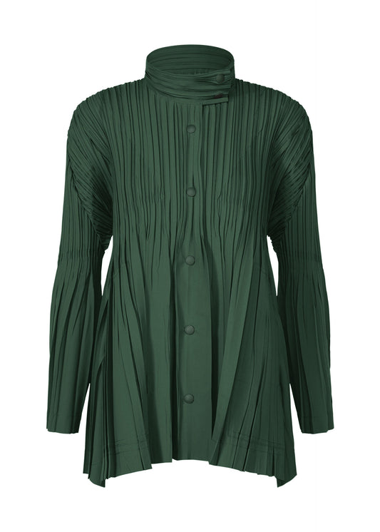 A product shot of the PLEATS PLEASE ISSEY MIYAKE FLOAT COAT cardigan in dark green (67).
