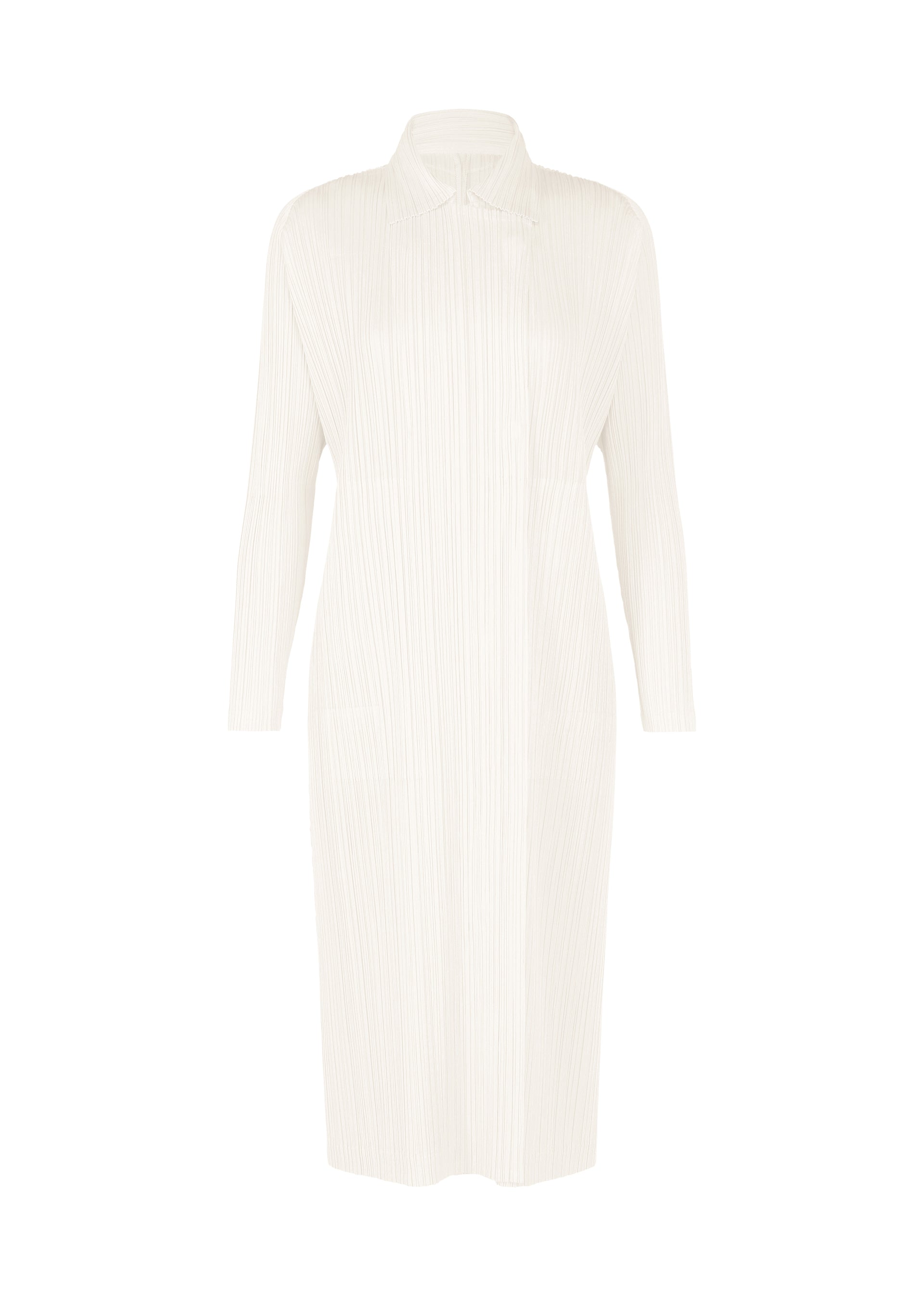 A product shot of the PLEATS PLEASE ISSEY MIYAKE MONTHLY COLORS FEBRUARY coat in white (01).