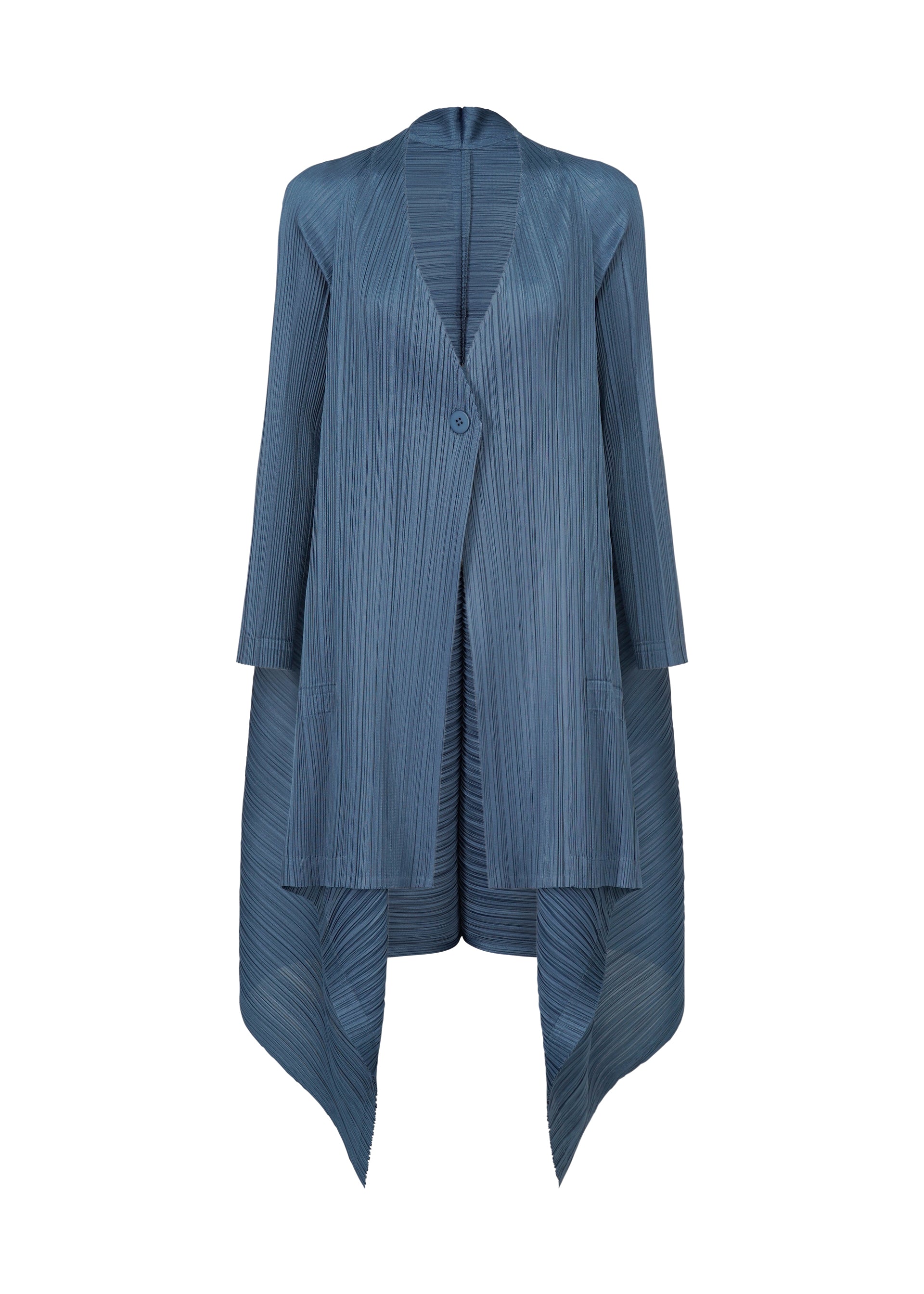 A product shot of the PLEATS PLEASE ISSEY MIYAKE CITY FRAME coat in blue grey (13).