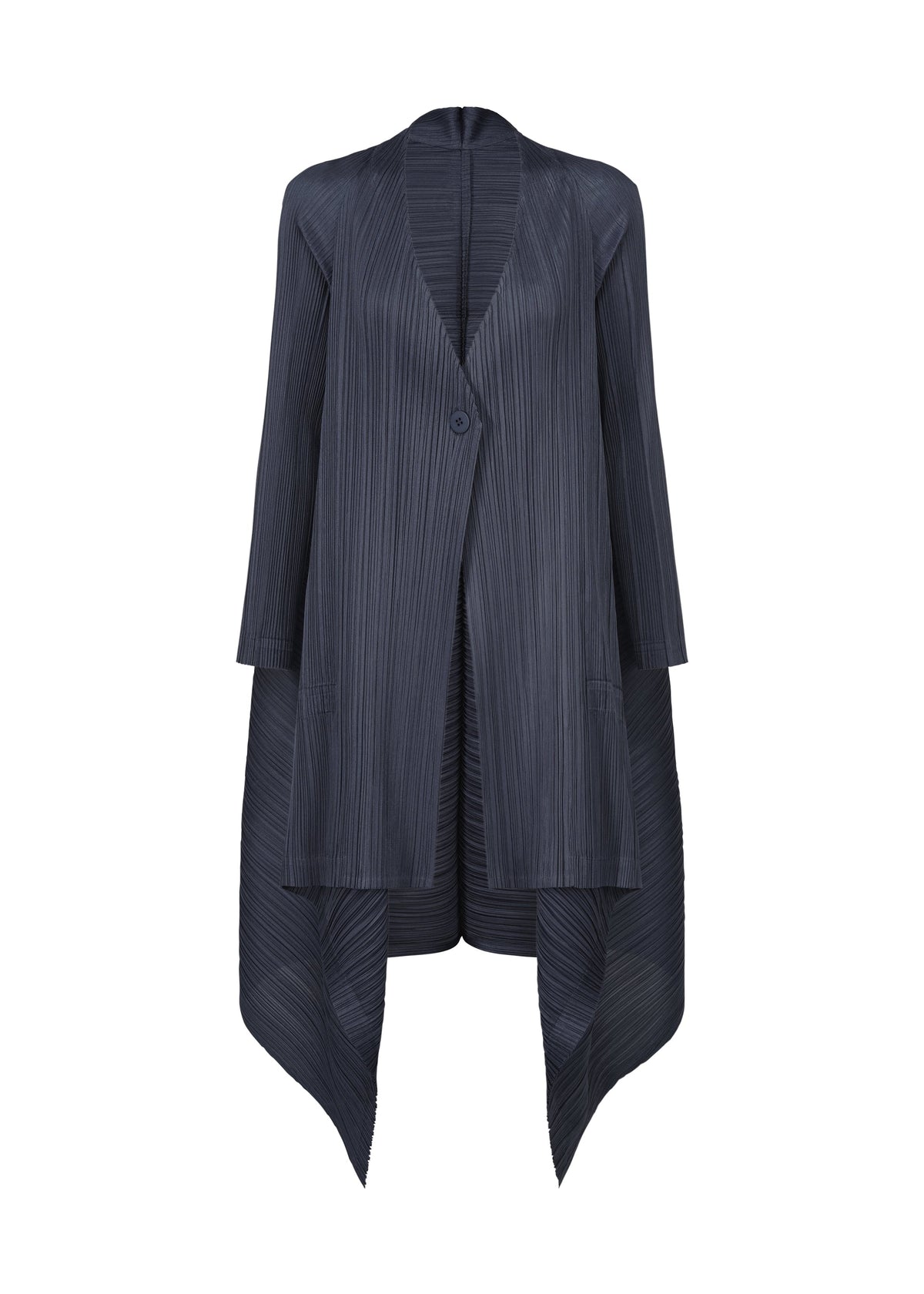A product shot of the PLEATS PLEASE ISSEY MIYAKE CITY FRAME coat in dark navy (78).