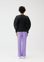A model wears the PLEATS PLEASE ISSEY MIYAKE MONTHLY COLORS APRIL jacket.