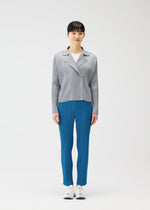 A model wears the PLEATS PLEASE ISSEY MIYAKE MONTHLY COLORS FEBRUARY jacket.