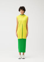A model wears the PLEATS PLEASE ISSEY MIYAKE MONTHLY COLORS APRIL vest.