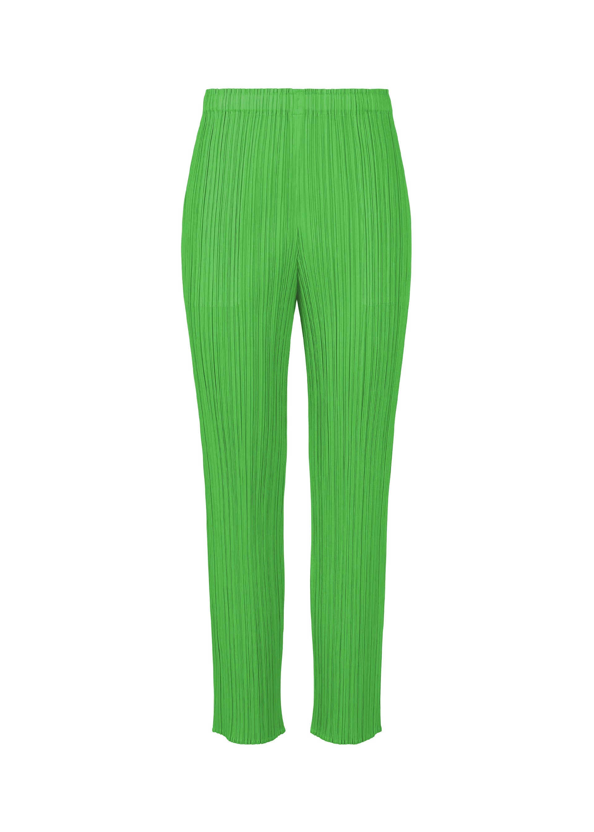 A product shot of the PLEATS PLEASE ISSEY MIYAKE MONTHLY COLORS APRIL trousers in green (62).