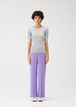A model wears the PLEATS PLEASE ISSEY MIYAKE MONTHLY COLORS APRIL trousers.