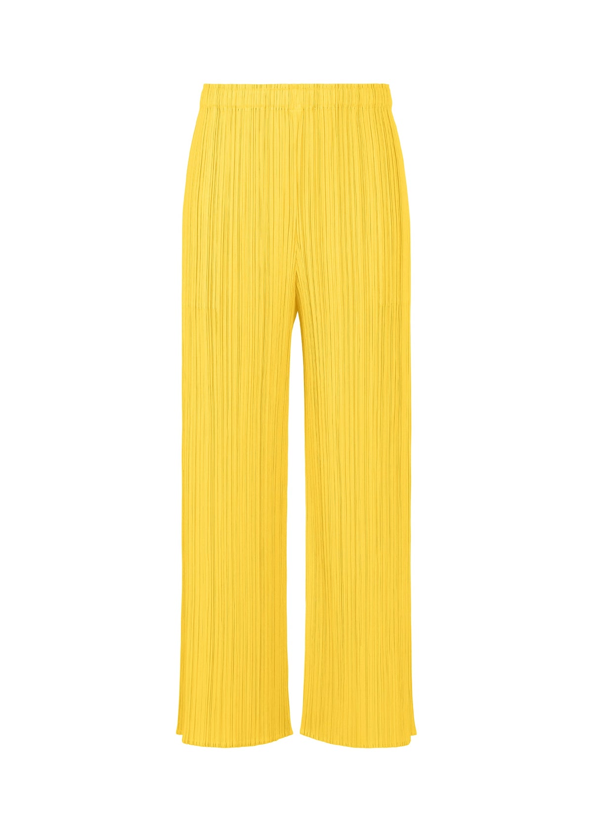 A product shot of the PLEATS PLEASE ISSEY MIYAKE MONTHLY COLORS APRIL trousers in yellow (52).