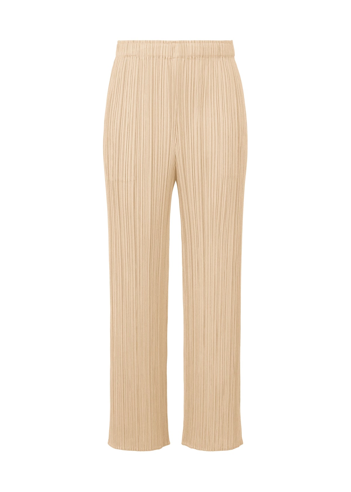 A product shot of the PLEATS PLEASE ISSEY MIYAKE MONTHLY COLORS MAY trousers in sand beige (43).