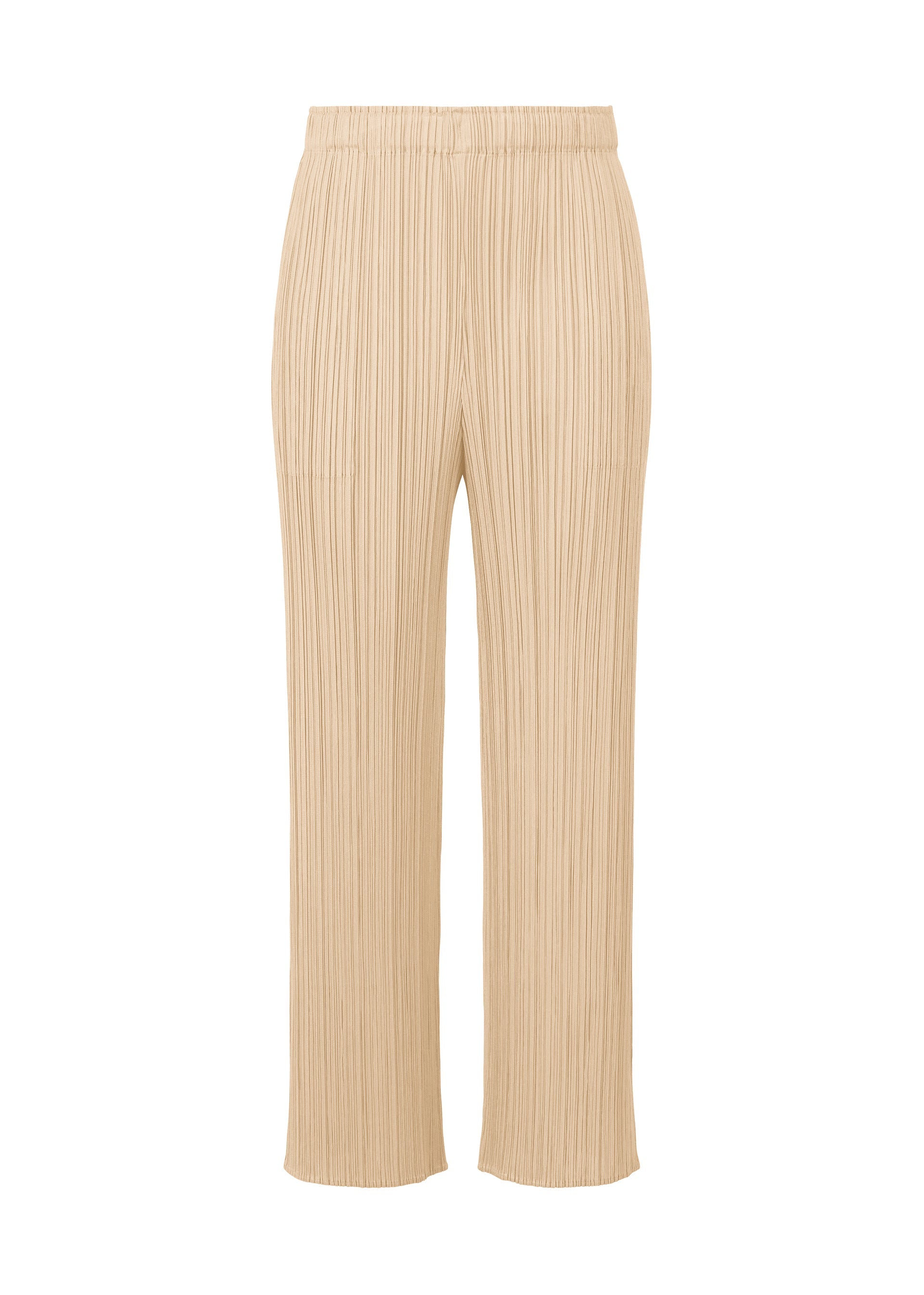 A product shot of the PLEATS PLEASE ISSEY MIYAKE MONTHLY COLORS MAY trousers in sand beige (43).