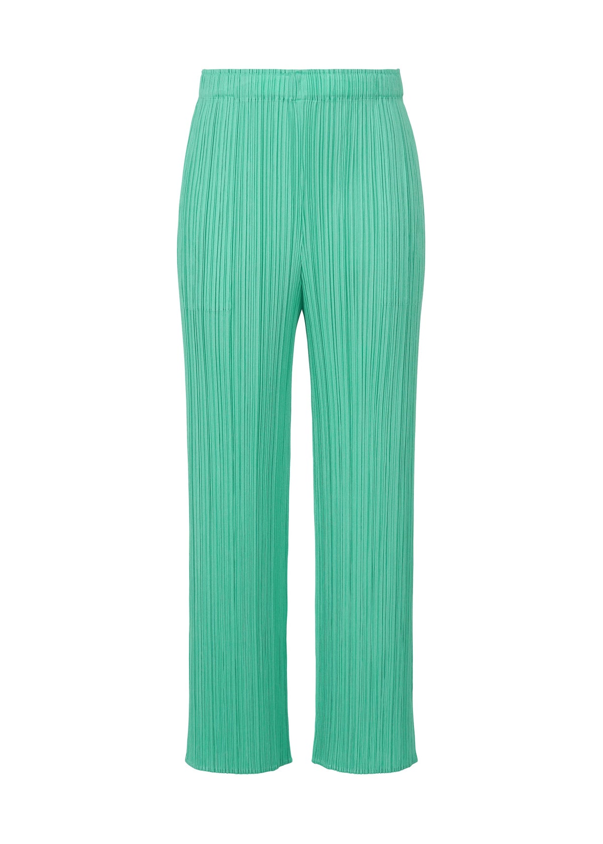 A product shot of the PLEATS PLEASE ISSEY MIYAKE MONTHLY COLORS MAY trousers in turquoise green (66).