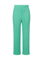 A product shot of the PLEATS PLEASE ISSEY MIYAKE MONTHLY COLORS MAY trousers in turquoise green (66).