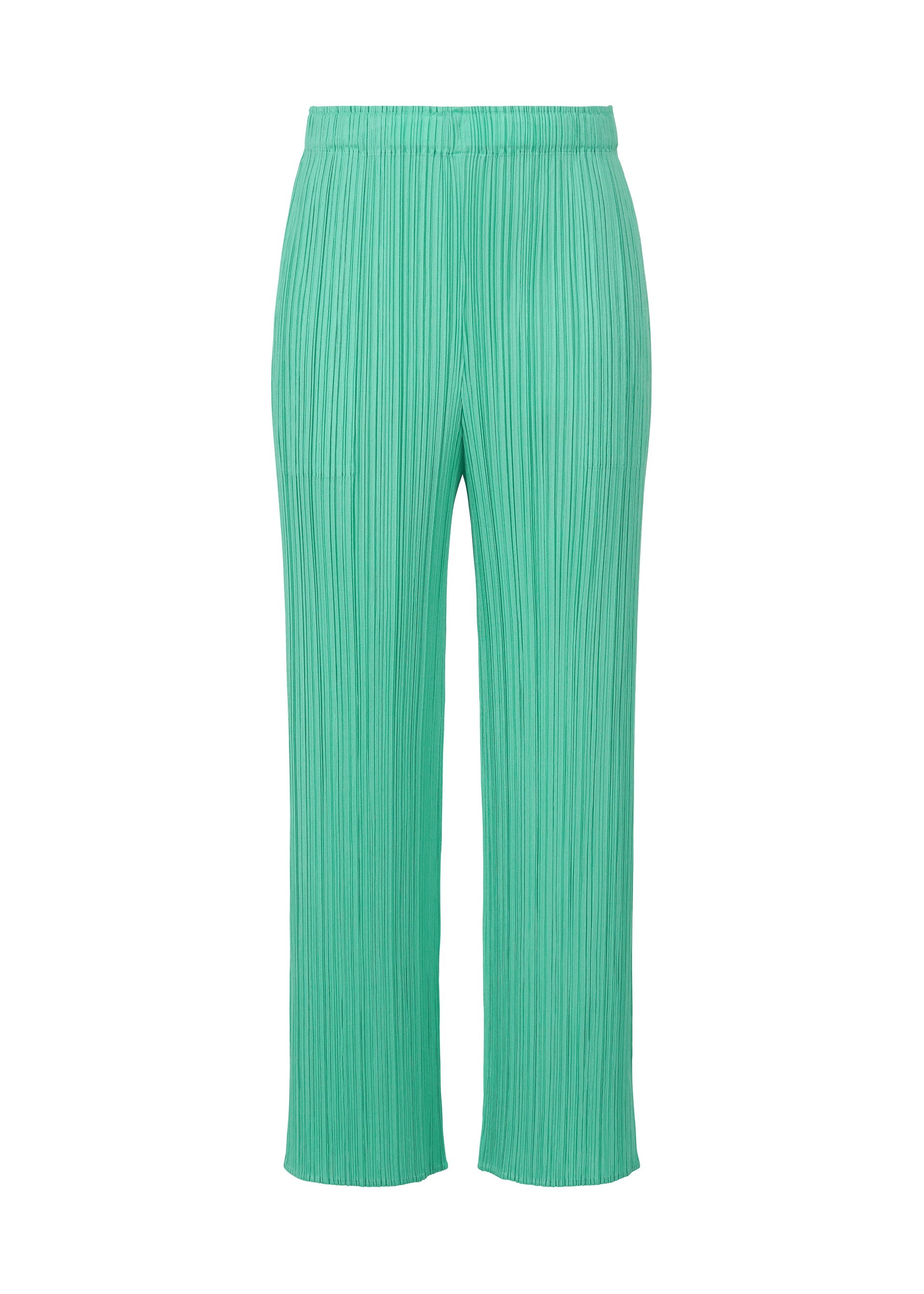 A product shot of the PLEATS PLEASE ISSEY MIYAKE MONTHLY COLORS MAY trousers in turquoise green (66).