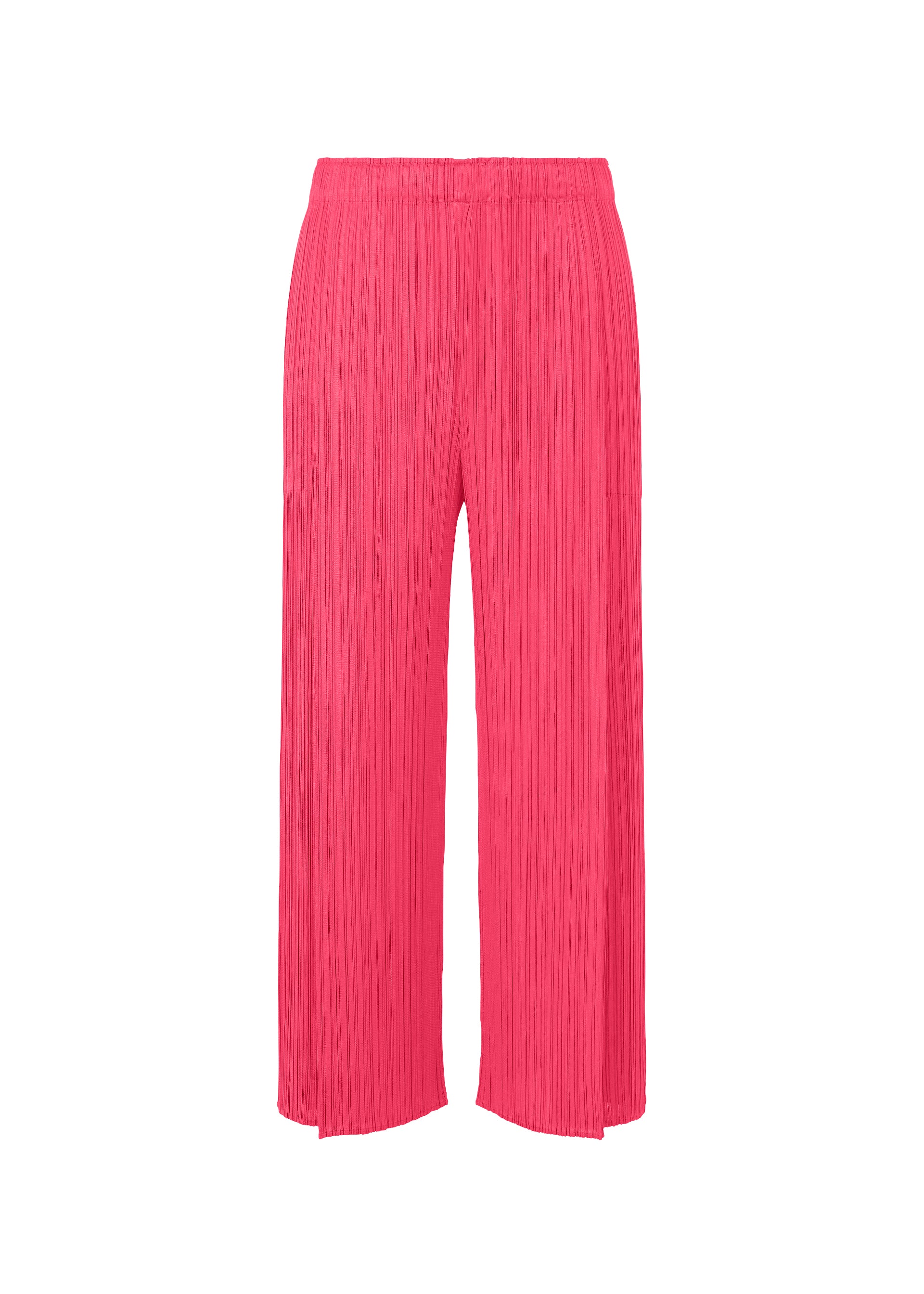 A product shot of the PLEATS PLEASE ISSEY MIYAKE MONTHLY COLORS : JUNE trousers in bright pink.