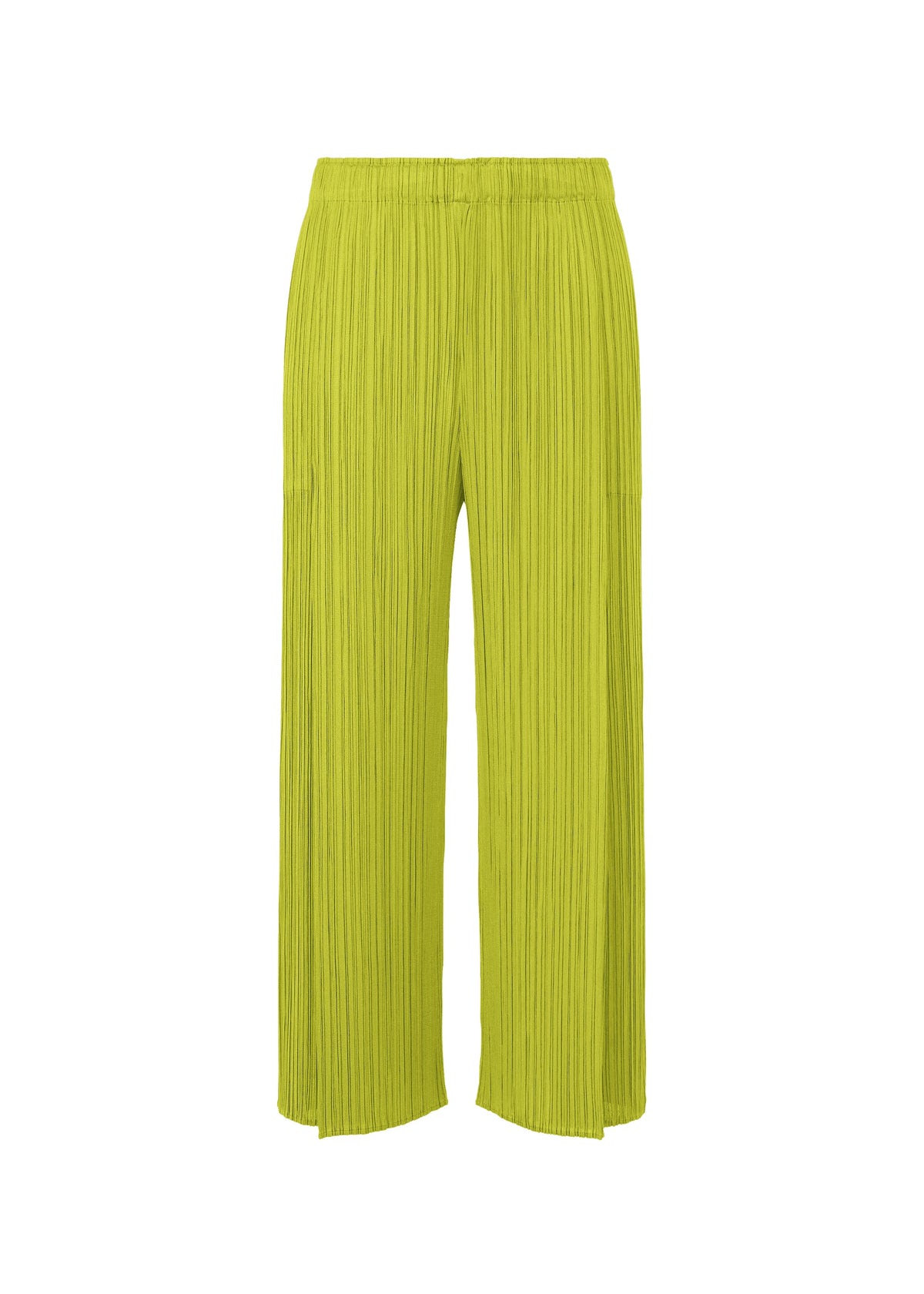A product shot of the PLEATS PLEASE ISSEY MIYAKE MONTHLY COLORS : JUNE trousers in yellow green.
