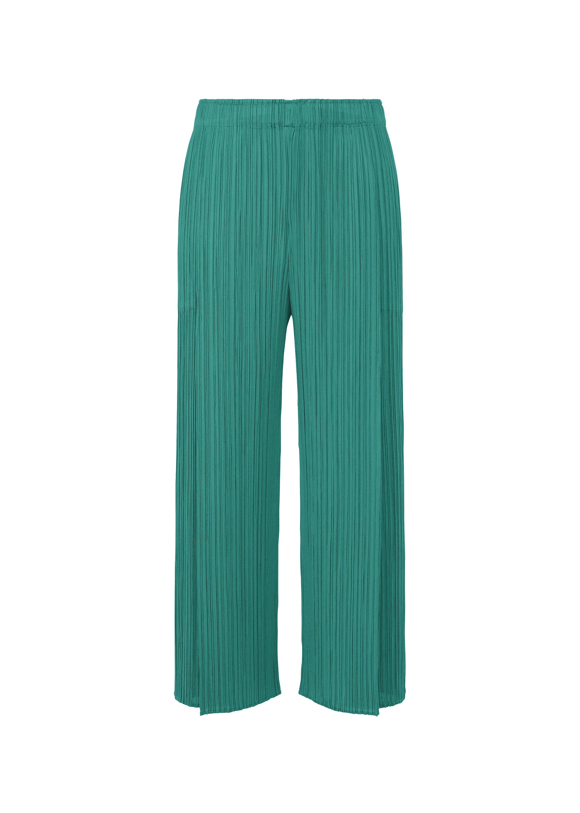 A product shot of the PLEATS PLEASE ISSEY MIYAKE MONTHLY COLORS : JUNE trousers in blue green.