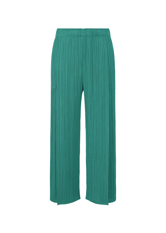 A product shot of the PLEATS PLEASE ISSEY MIYAKE MONTHLY COLORS : JUNE trousers in blue green.