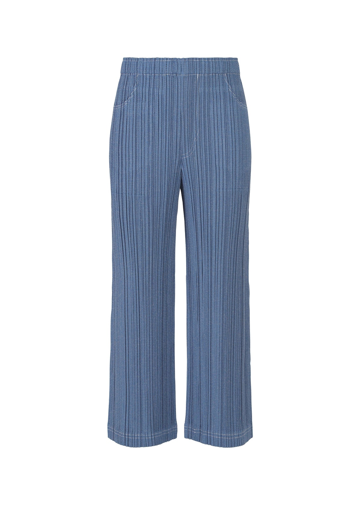 A product shot of the PLEATS PLEASE ISSEY MIYAKE COTTON DENIM trousers in blue (72).