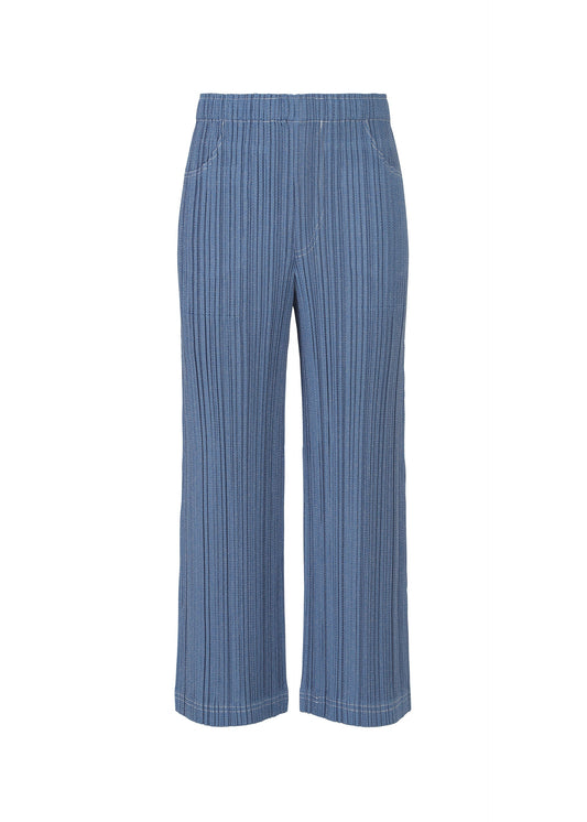 A product shot of the PLEATS PLEASE ISSEY MIYAKE COTTON DENIM trousers in blue (72).