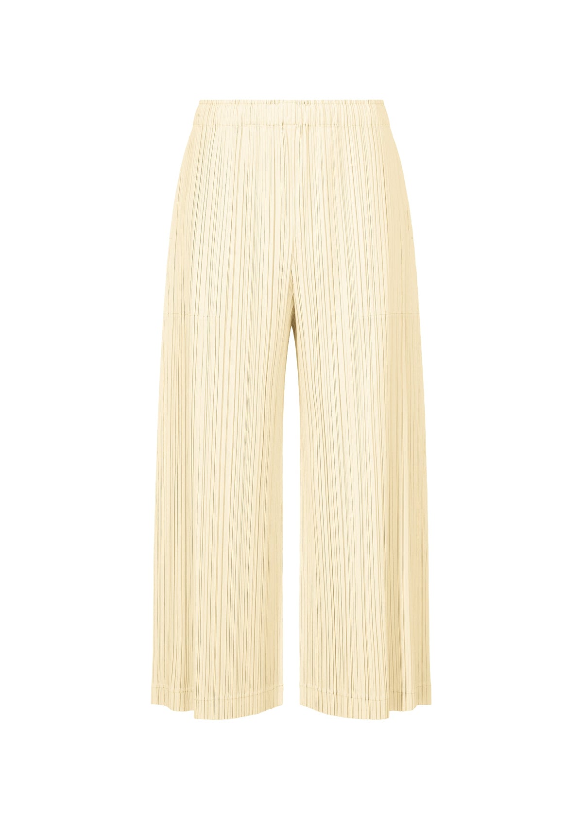 A product shot of the PLEATS PLEASE ISSEY MIYAKE OPAQUE BOTTOMS trousers in off white.