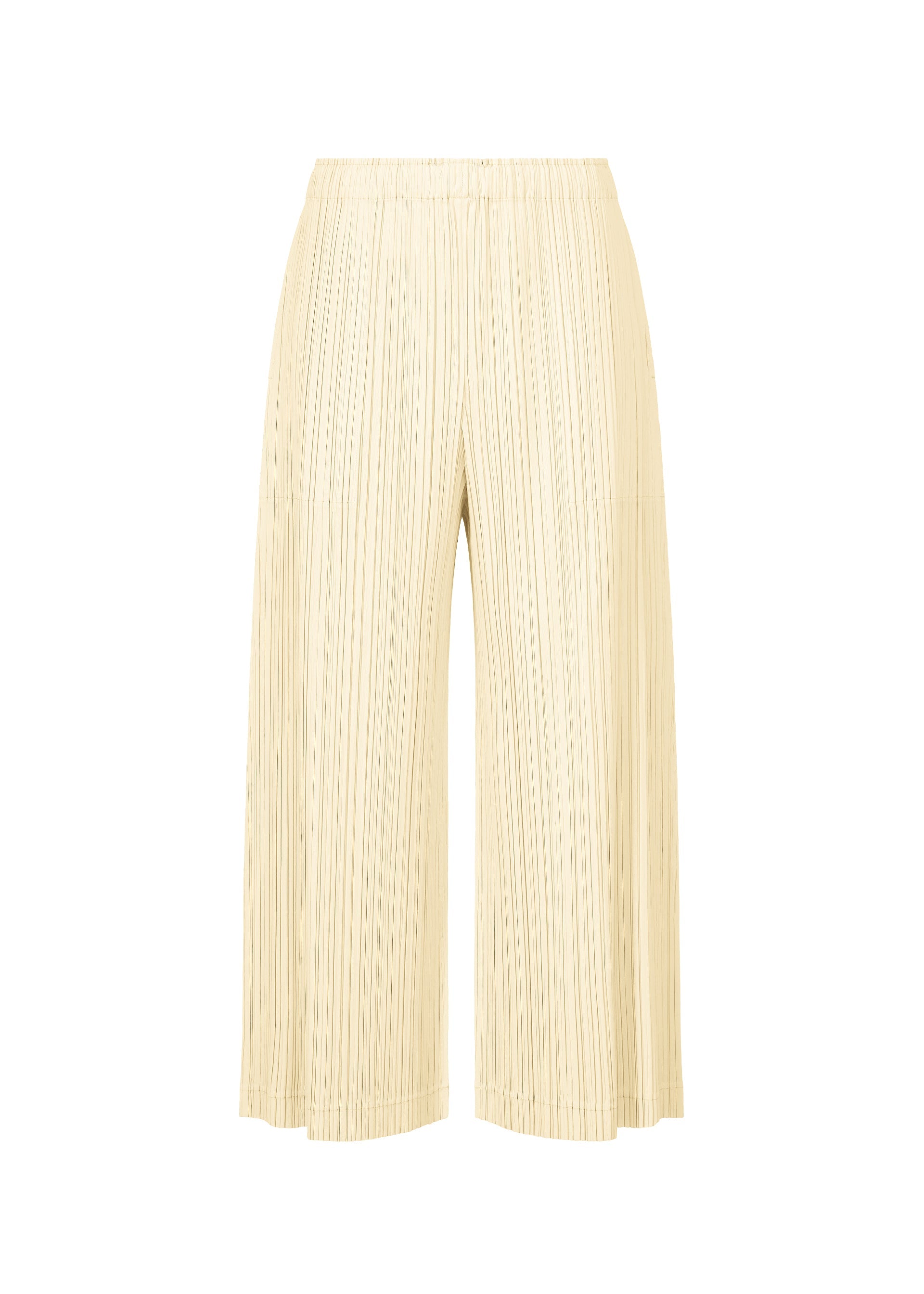 A product shot of the PLEATS PLEASE ISSEY MIYAKE OPAQUE BOTTOMS trousers in off white.