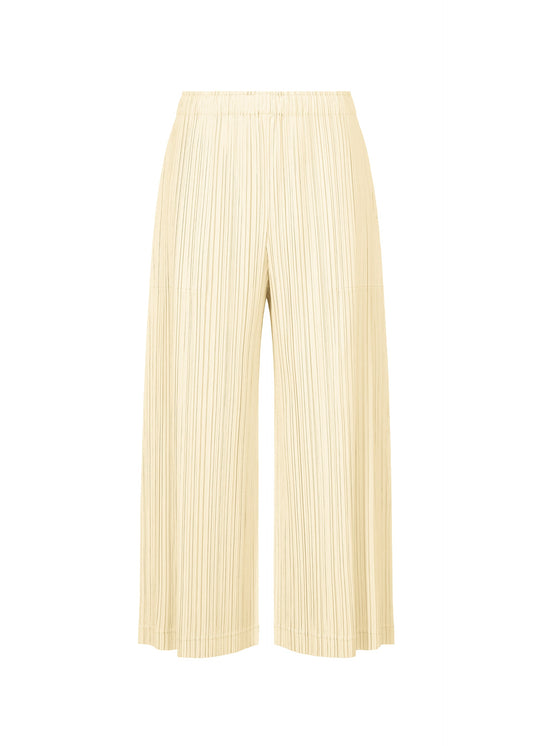 A product shot of the PLEATS PLEASE ISSEY MIYAKE OPAQUE BOTTOMS trousers in off white.
