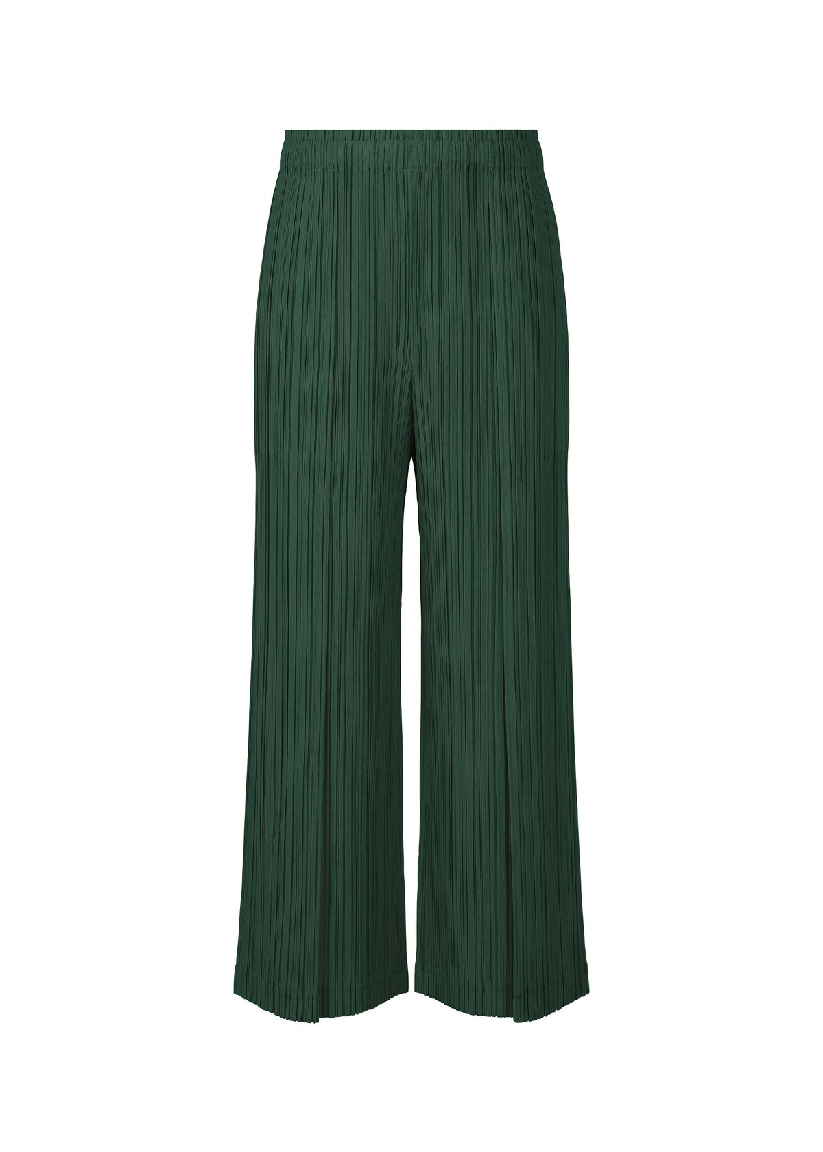 A product shot of the PLEATS PLEASE ISSEY MIYAKE RAMIE PLEATS trousers in dark green (67).
